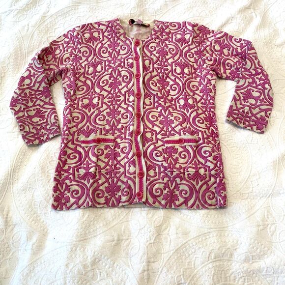 Lilly and Van size XS Victorian Baroque Pattern Preppy Country Club Cardigan - Picture 1 of 9